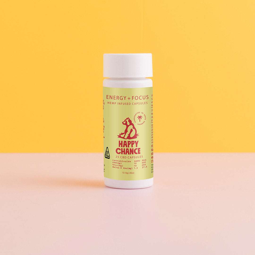 A photograph of a jar of Happy Chance Energy + Focus low dose edibles. The jar of CBD capsules and the background are bright, sunny colors.