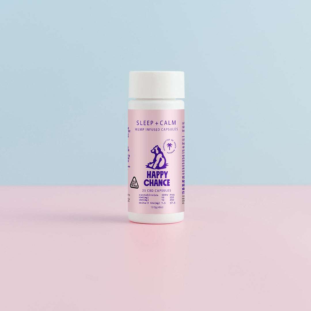 A photograph of a jar of Happy Chance Sleep + Calm low dose edibles. The jar of CBD capsules and the background are cool, calming colors.
