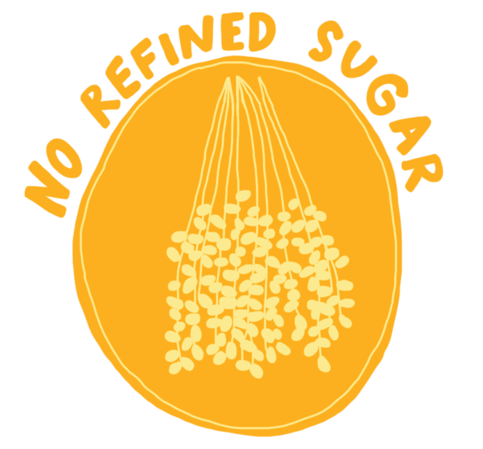 An illustration that reads “no refined sugar,” exemplifying Happy Chance’s commitment to creating sugar free edibles.